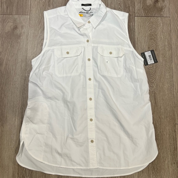 Eddie Bauer White Travex Womens Medium Button Down Shirt Sleeveless Outdoor NWT - Picture 1 of 6